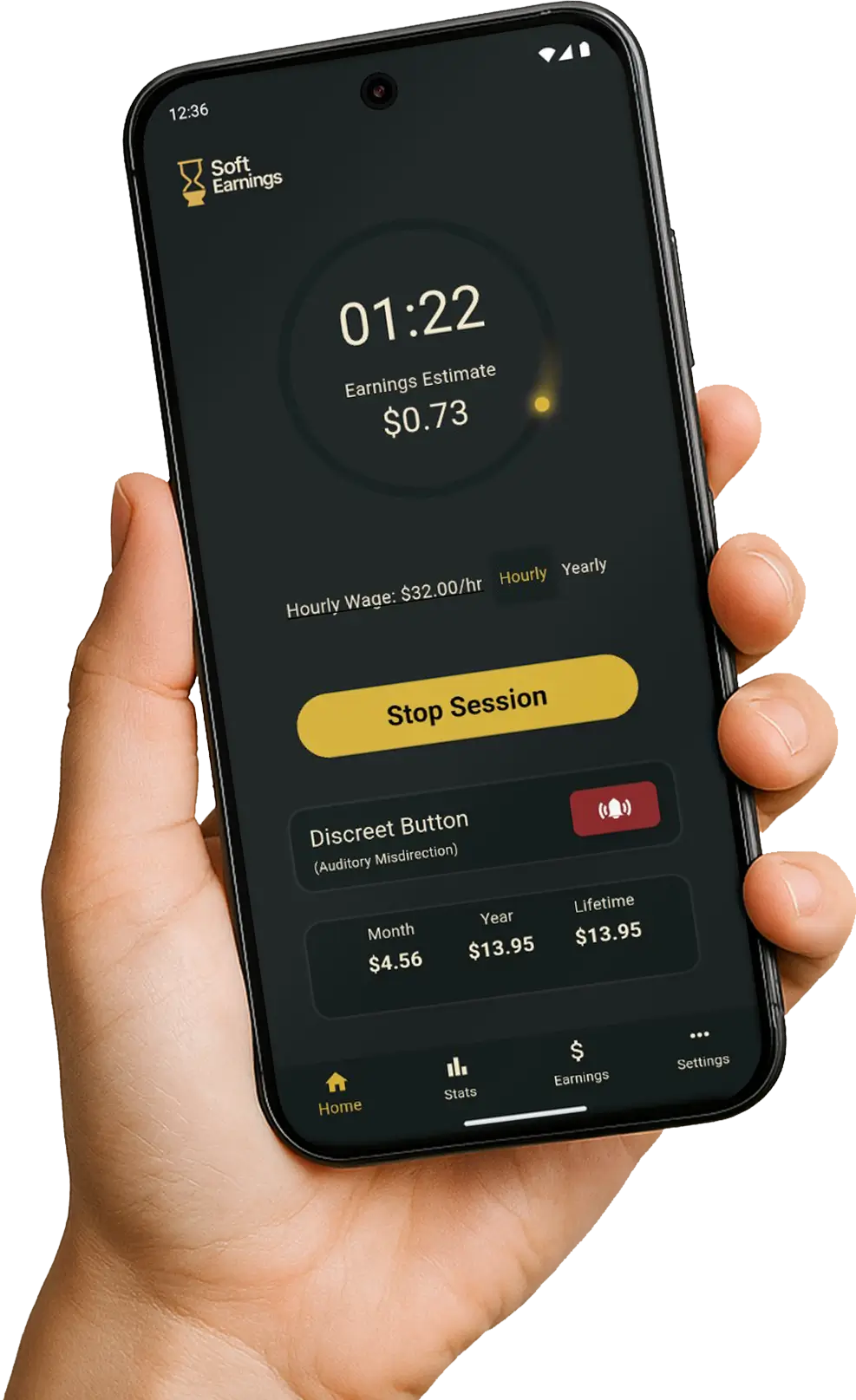 Hand holding a smartphone displaying the Soft Earnings app interface, showing a running timer and estimated earnings.