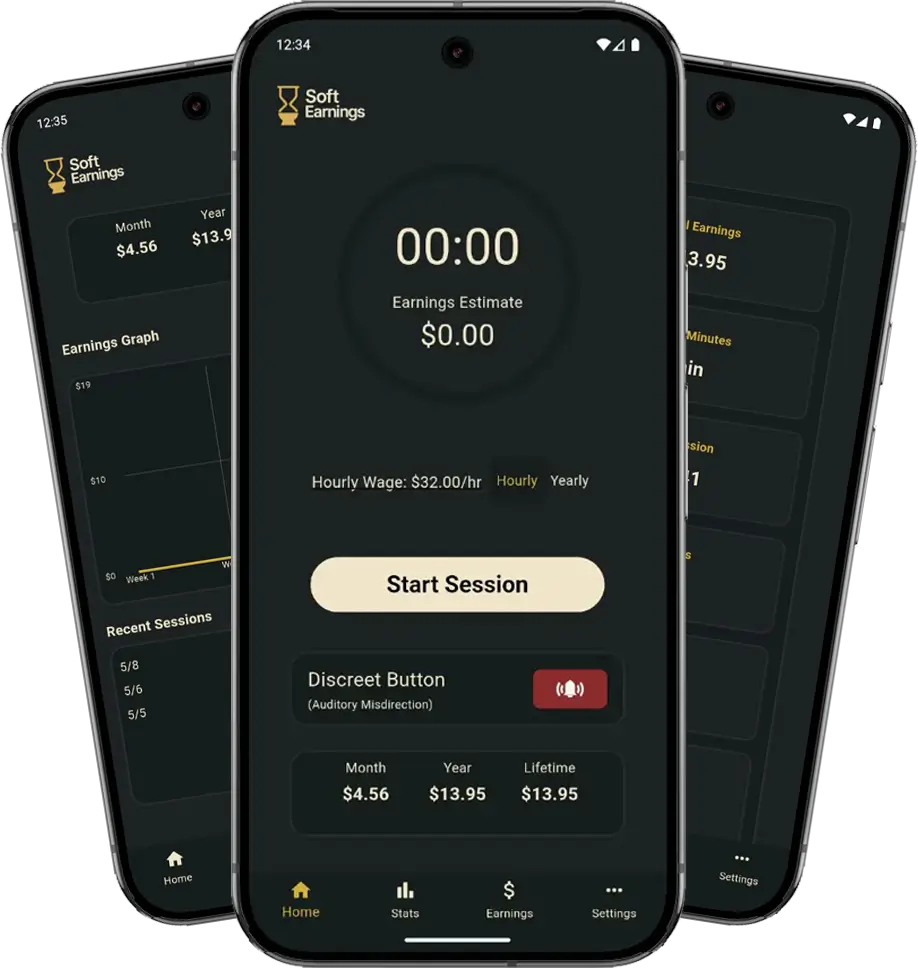 Three phones displaying different screens of the Soft Earnings app.